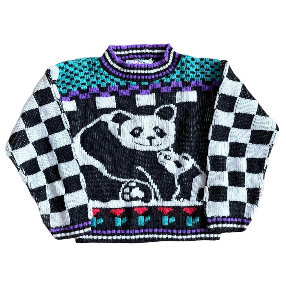 Vintage Kids JJ Poole 80s Panda Bear Checkered Mock Neck Sweater Size 24M